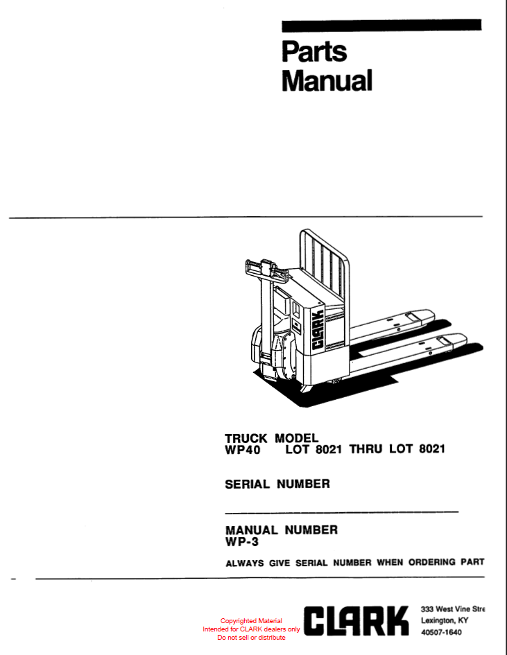 Clark WP40 Palletjack Parts Manual (WP-3, WP-4, WP-5, WP-6, WP-7)