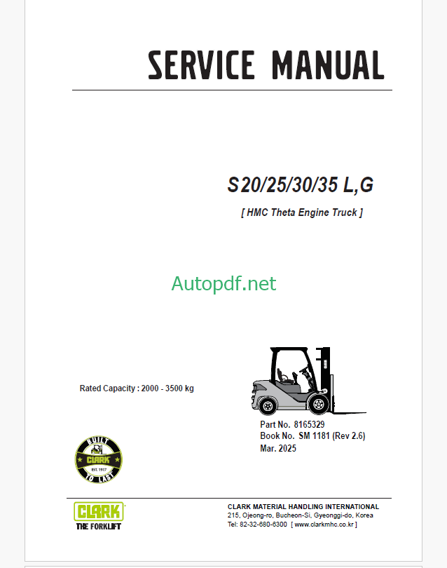 Clark S20, S25, S30, S35 L,G PSI Engine Truck Forklift Service Manual (SM1085)