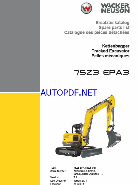 Wacker Neuson 75Z3 EPA3 Tracked Excavator Parts Manual