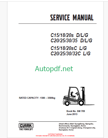 Clark C15, C18, C20s D,L,G and C20, C25, C30, C35 D,L,G and C15, C18, C20sC, C20, C25, C30, C32C L,G Forklift Service Manual (SM709)