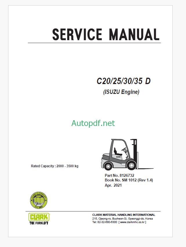 Clark C20, C25, C30, C35 D Isuzu Engine Forklift Service Manual (SM1012)