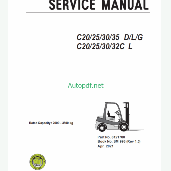 Clark C20, C25, C30, C35 D,L,G and C20, C25, C30, C32C L Forklift Service Manual (SM996