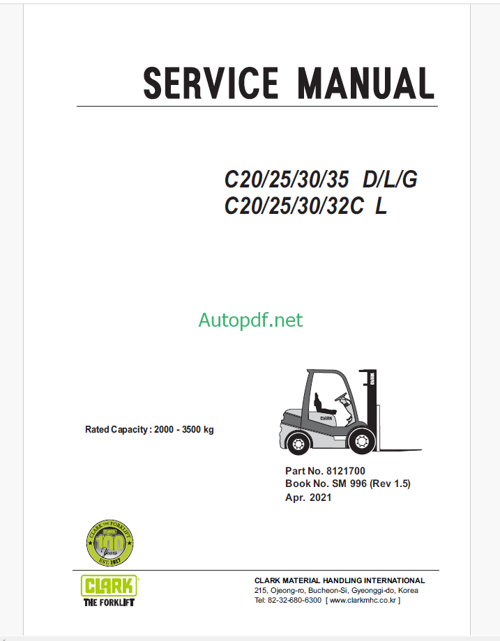 Clark C20, C25, C30, C35 D,L,G and C20, C25, C30, C32C L Forklift Service Manual (SM996