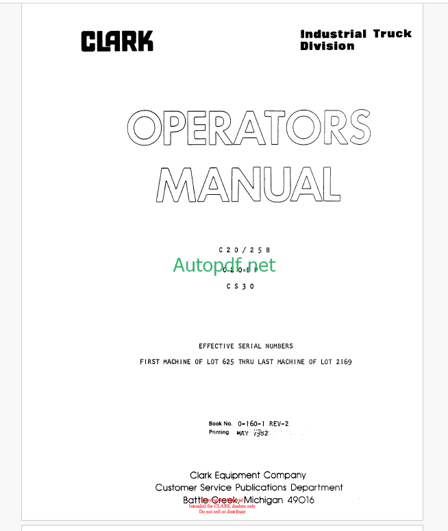 Clark C20, C25B, C20BP, CS30 Forklift Operators Manual (O-160-1)