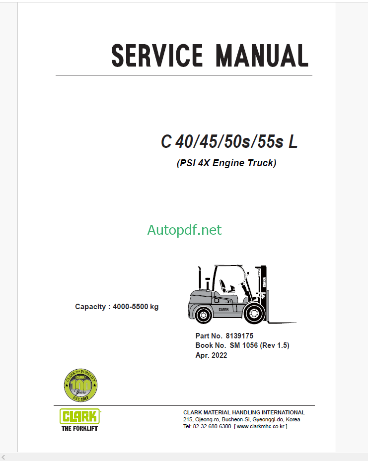 Clark C40, C45, C50s, c55s L PSI 4X Engine Truck Forklift Service Manual (SM1056)