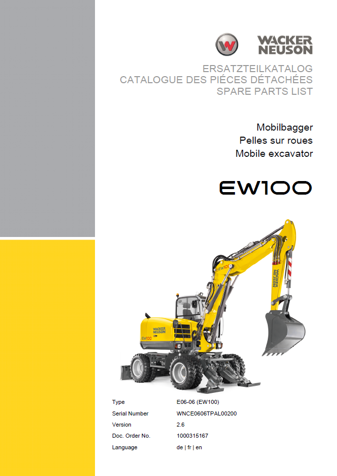 Wacker Neuson EW100 Mobile Excavator Parts Manual
