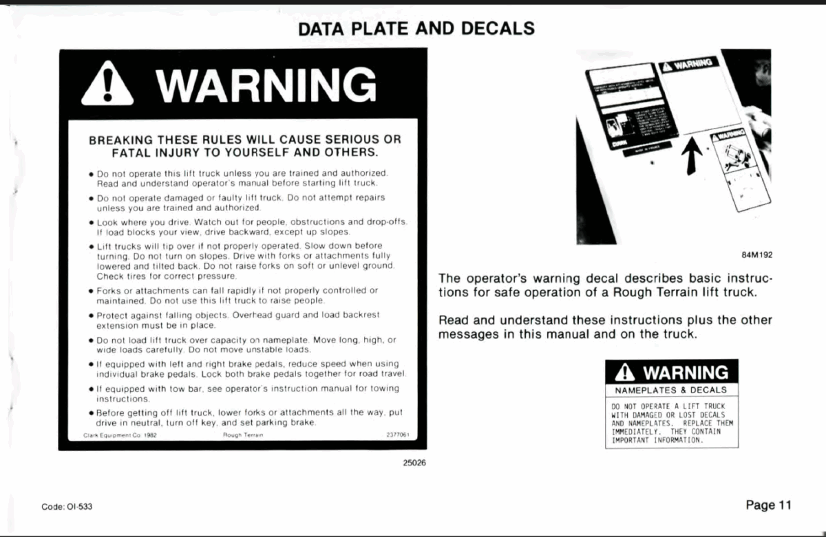 Clark DPR20, DPR25, DPR30 Forklift Operators Manual (OI-533)