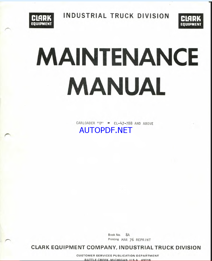 Clark Carloader D Maintenance Manual (Code 8A)