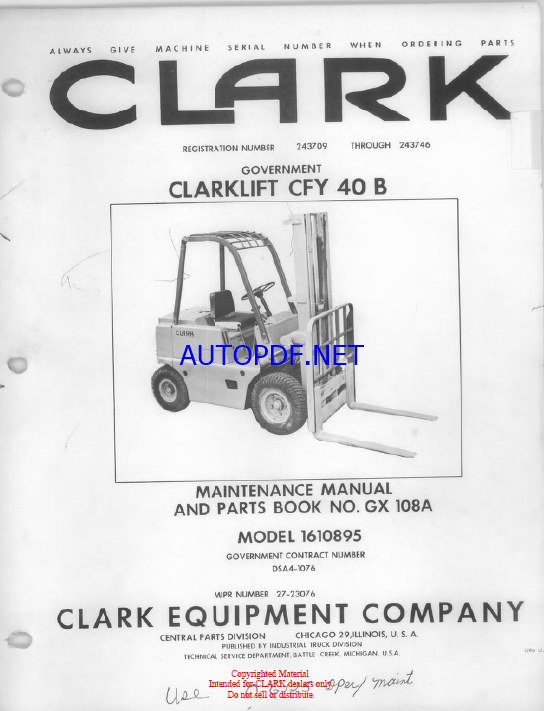 Clark Clarklift CFY 40B Maintenance Manual and Parts Book (Model 1610895)