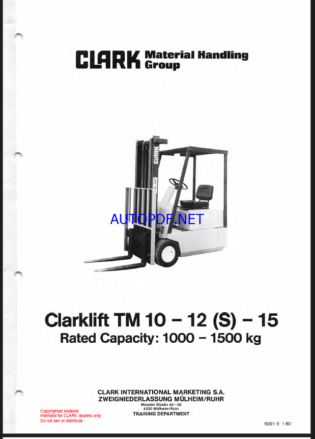 Clark Clarklift TM10-12S-15 Forklift Planned Maintenance and Adjustment Procedures Manual (PMA421)