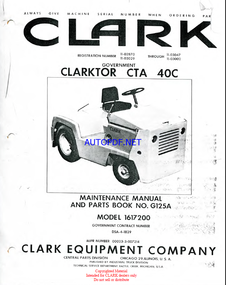 Clark Clarktor CTA 40C Tow Tractor Maintenance Manual and Parts Book (G125A)
