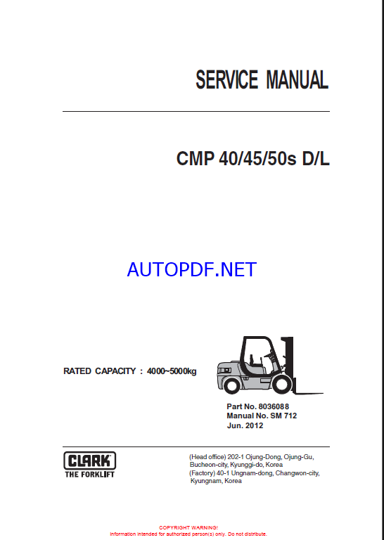 Clark CMP 40, 45, 50s D,L Forklift Service Manual (SM712)