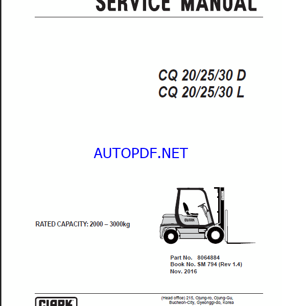 Clark CQ20, CQ25,CQ30 D,L Forklift Service Manual (SM794)