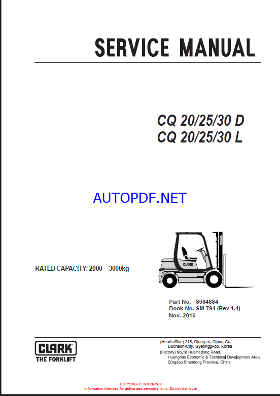 Clark CQ20, CQ25,CQ30 D,L Forklift Service Manual (SM794)