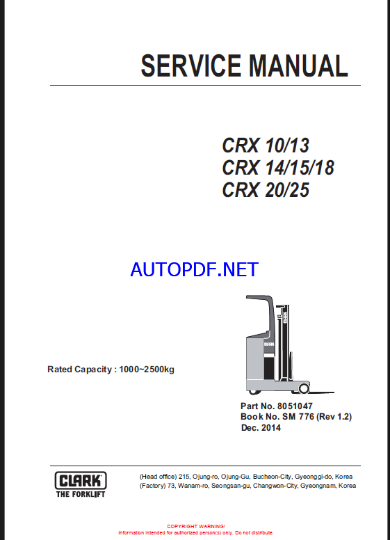 Clark CRX10, CRX13, CRX14, CRX15, CRX18, CRX20, CRX25 Reach Truck Forklift Service Manual (SM776)Clark CRX10, CRX13, CRX14, CRX15, CRX18, CRX20, CRX25 Reach Truck Forklift Service Manual (SM776)