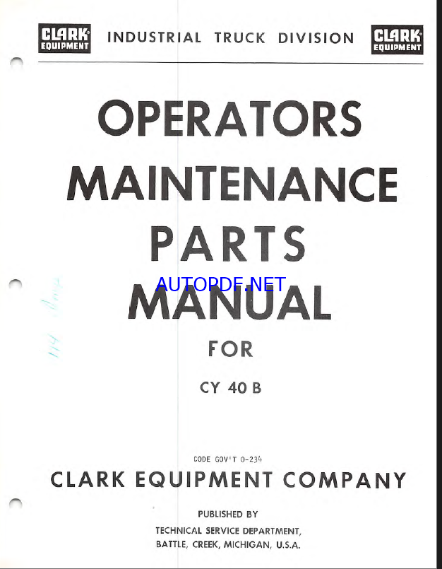 Clark CY40B Forklift Operators and Maintenance Manual (O-234)