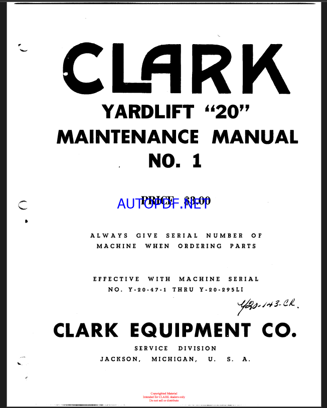 Clark Yardlift 20 No1 Maintenance Manual