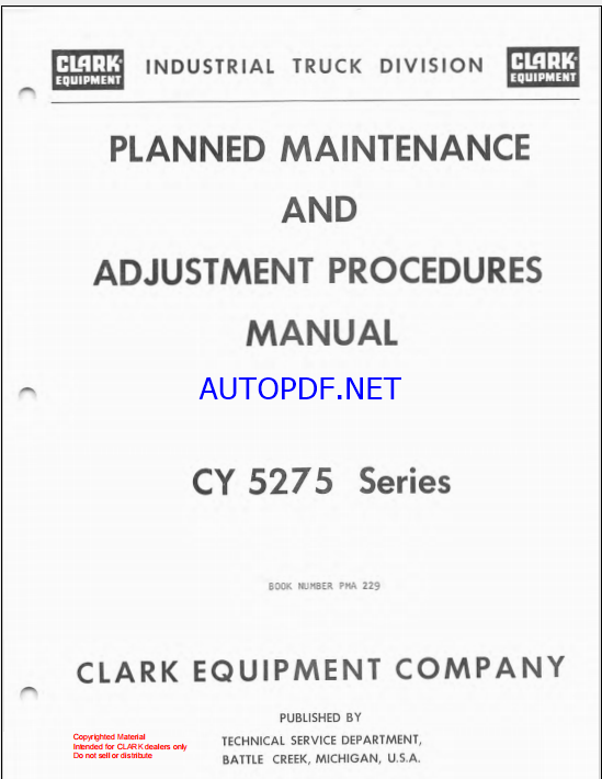 Clark CY5275 Series Planned Maintenance and Adjustment Procedures Manual (PMA229)
