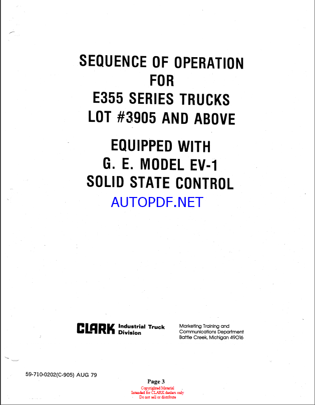 Clark E355 Series Truck Equipped With GE Model EV1 Solid State Control Sequence of Operation