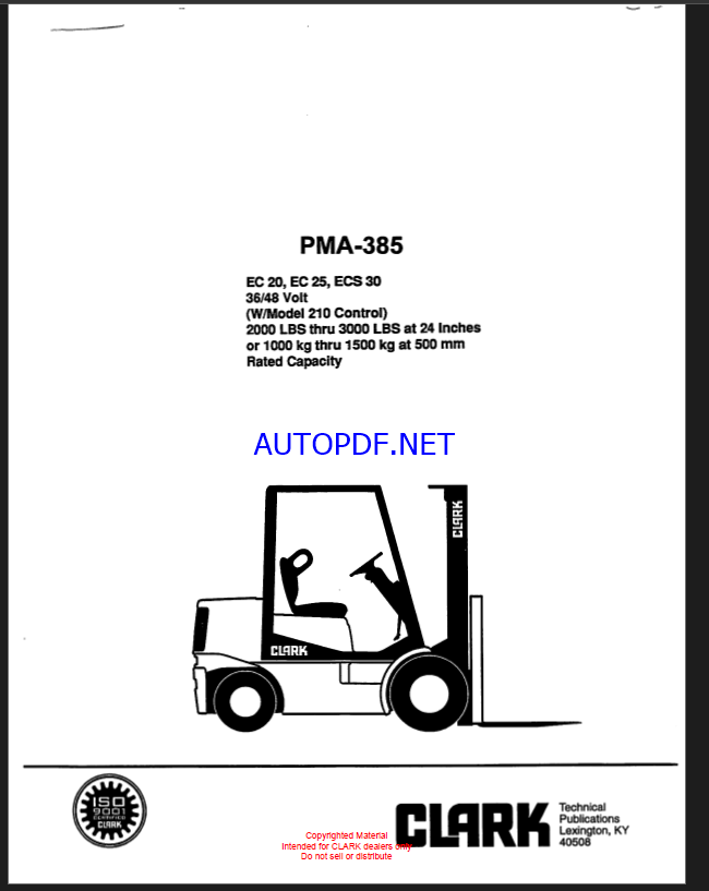 Clark EC20, EC25, ECS30 36-48 Volt W Model 210 Control Forklift Planned Maintenance and Adjustment Procedures Manual (PMA385)