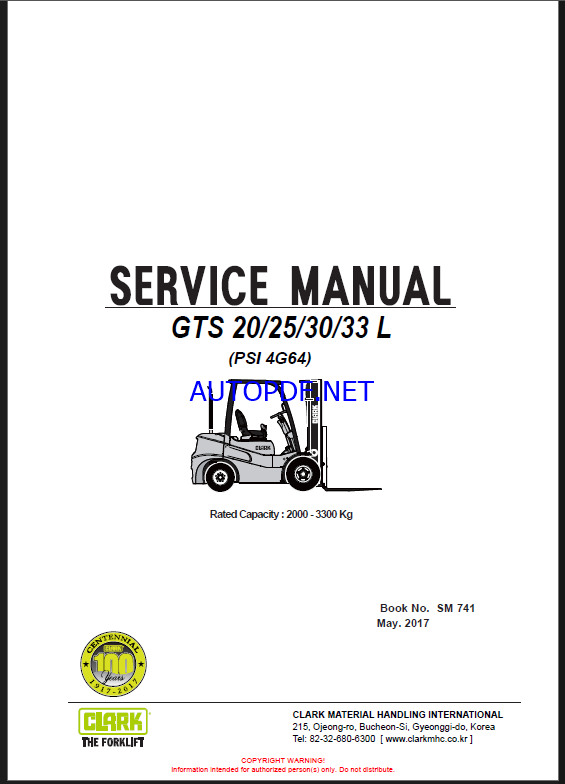 Clark GTS20, GTS25, GTS30, GTS33 L PSI 4G64 Forklift Service Manual (SM741)