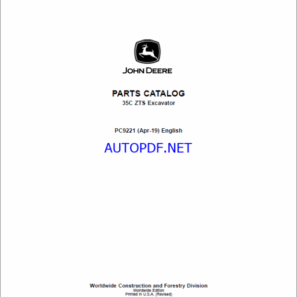 John Deere 35C ZTS Excavator Parts Catalog (PC9221)