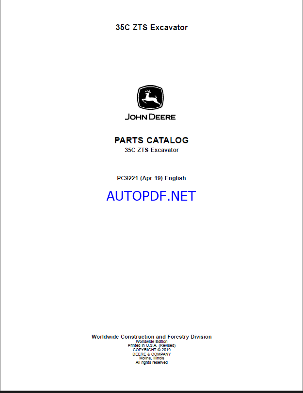 John Deere 35C ZTS Excavator Parts Catalog (PC9221)