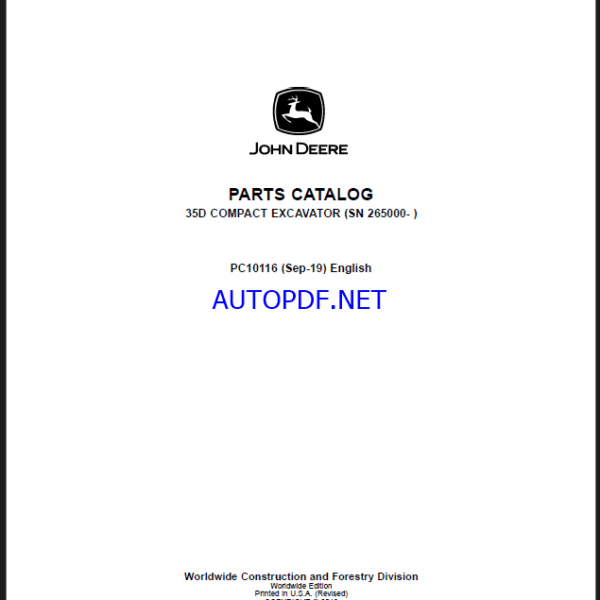 John Deere 35D Compact Excavator Parts Catalog (PC10116)