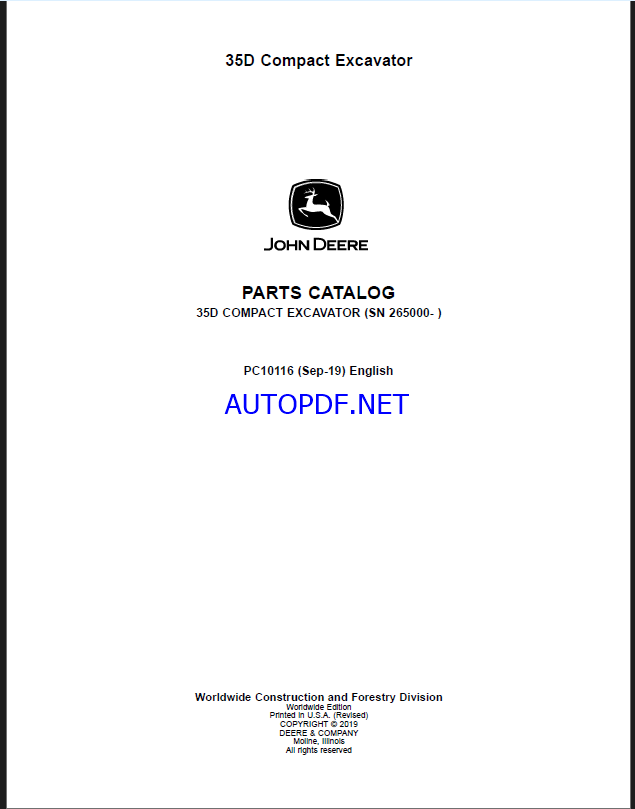 John Deere 35D Compact Excavator Parts Catalog (PC10116)