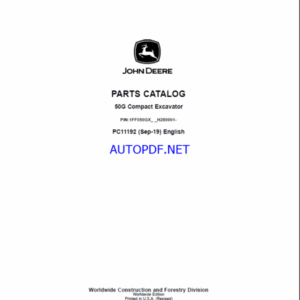 John Deere 50G Compact Excavator Parts Catalog (PC11192)