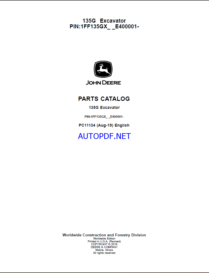 John Deere 135G Excavator Parts Catalog (PC11134)