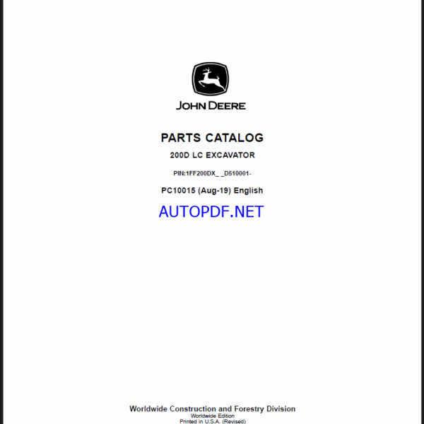John Deere 200D LC Excavator Parts Catalog (PC10015)
