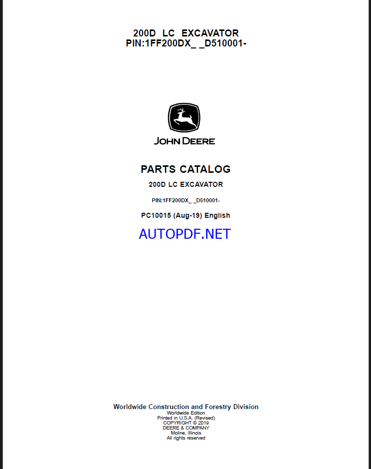 John Deere 200D LC Excavator Parts Catalog (PC10015)