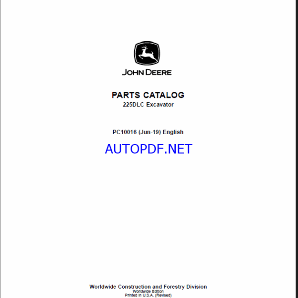 John Deere 225DLC Excavator Parts Catalog (PC10016)