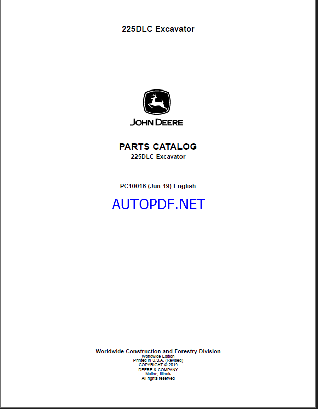 John Deere 225DLC Excavator Parts Catalog (PC10016)