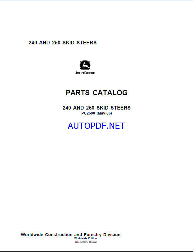 John Deere 240 AND 250 SKID STEERS Parts Catalog