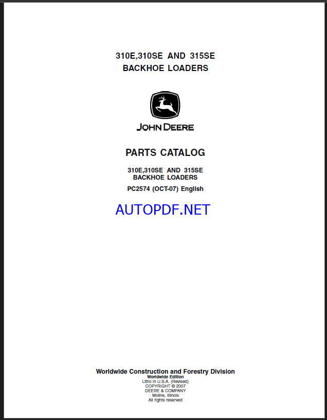 John Deere 310E,310SE AND 315SE BACKHOE LOADERS Parts Catalog