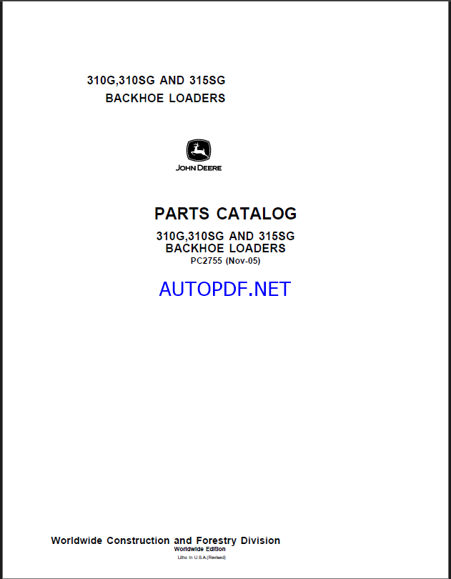 John Deere 310G,310SG AND 315SG BACKHOE LOADERS Parts Catalog