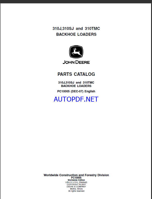 John Deere 310J,310SJ and 310TMC BACKHOE LOADERS Parts Catalog