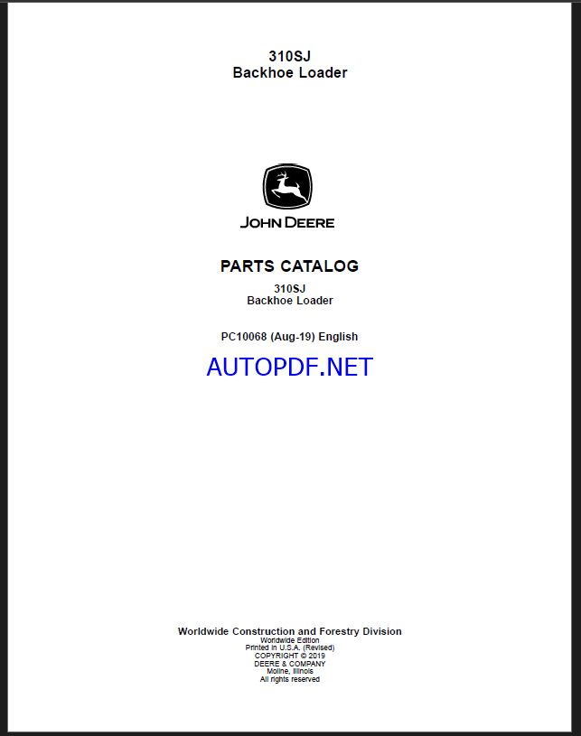 John Deere 310SJ Backhoe Loader Parts Catalog (PC10068)