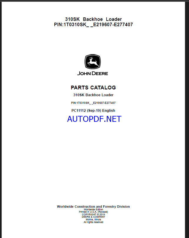 John Deere 310SK Backhoe Loader Parts Catalog (PC11112)