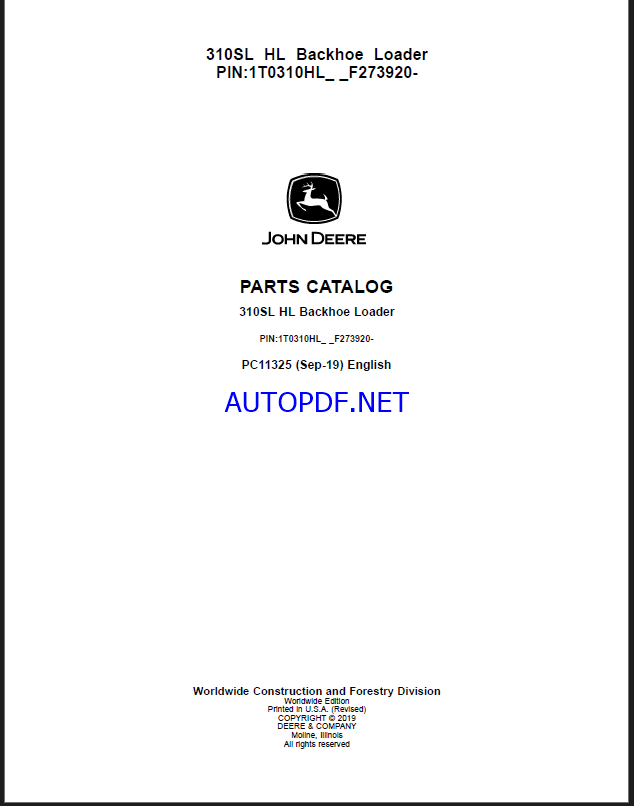 John Deere 310SL HL Backhoe Loader Parts Catalog (PC11325)