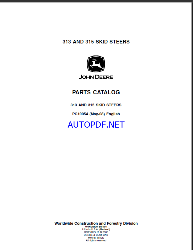 John Deere 313 AND 315 SKID STEERS Parts Catalog