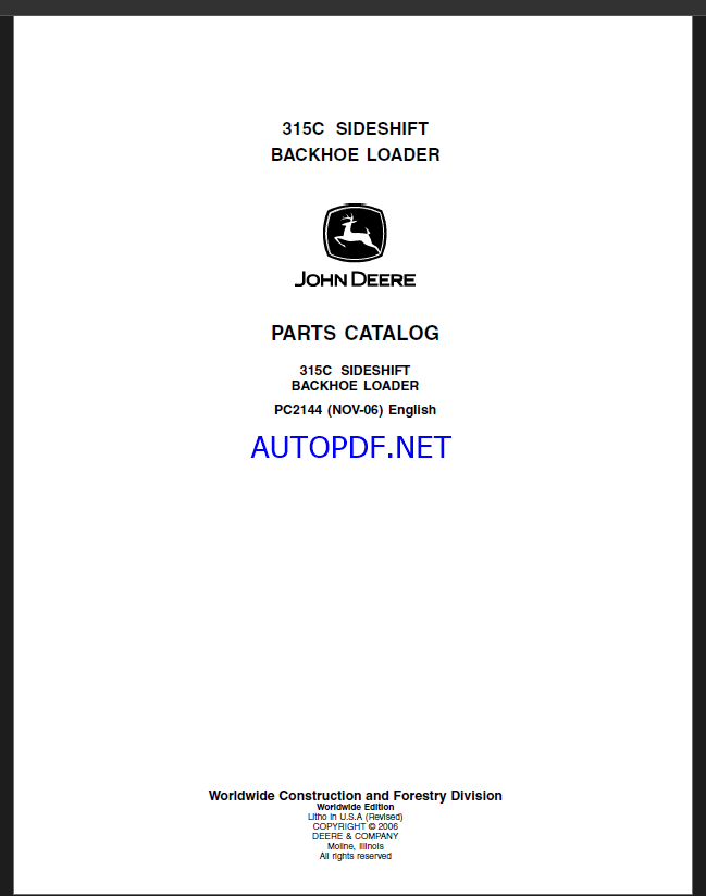 John Deere 315C SIDESHIFT BACKHOE LOADER Parts Catalog