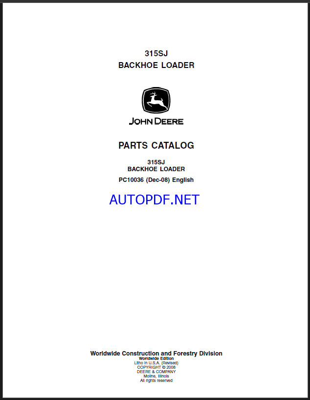 John Deere 315SJ BACKHOE LOADER Parts Catalog