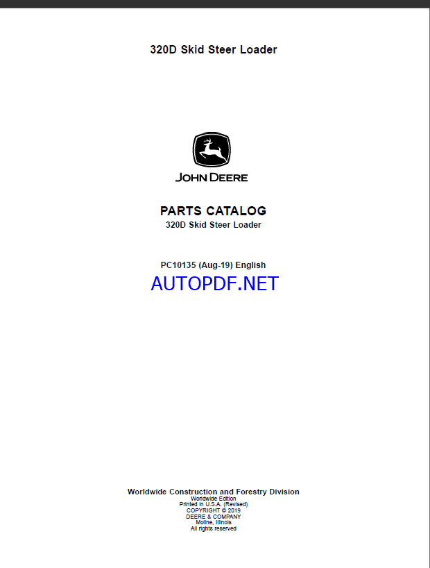 John Deere 320D Skid Steer Loader Parts Catalog (PC10135)