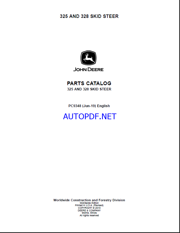 John Deere 325 AND 328 Skid Steer Parts Catalog (PC9348)