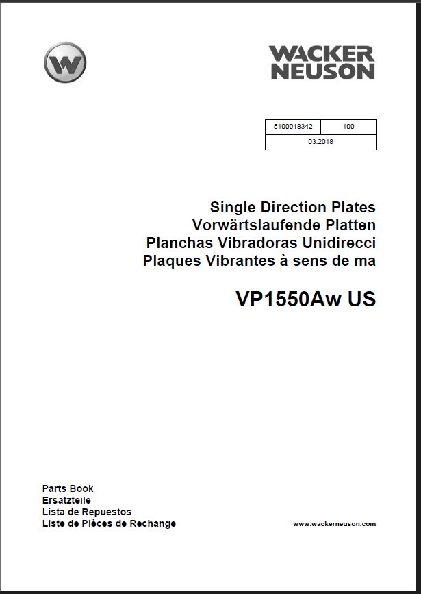 Wacker Neuson VP1550Aw US Single Direction Plates Parts Manual