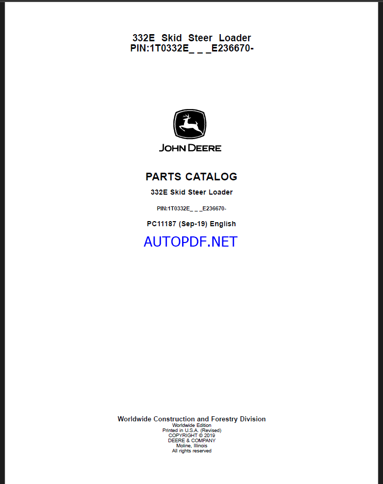 John Deere 332E Skid Steer Loader Parts Catalog (PC11187)