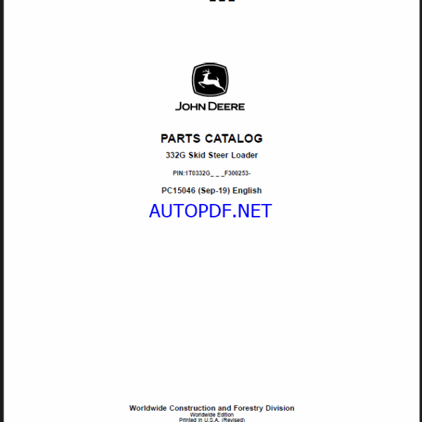 John Deere 332G Skid Steer Loader Parts Catalog (PC15046)